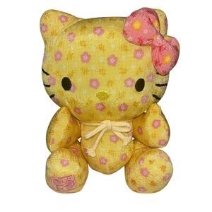 Vintage 2003 Sanrio Hell0 Kitty Yellow Pink Floral Pattern Moveable Joints Plush